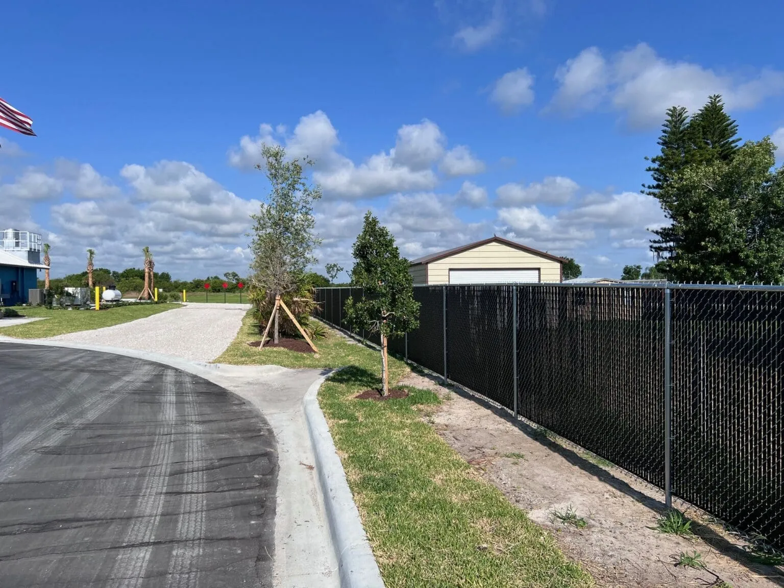 Trees lining road near storage building