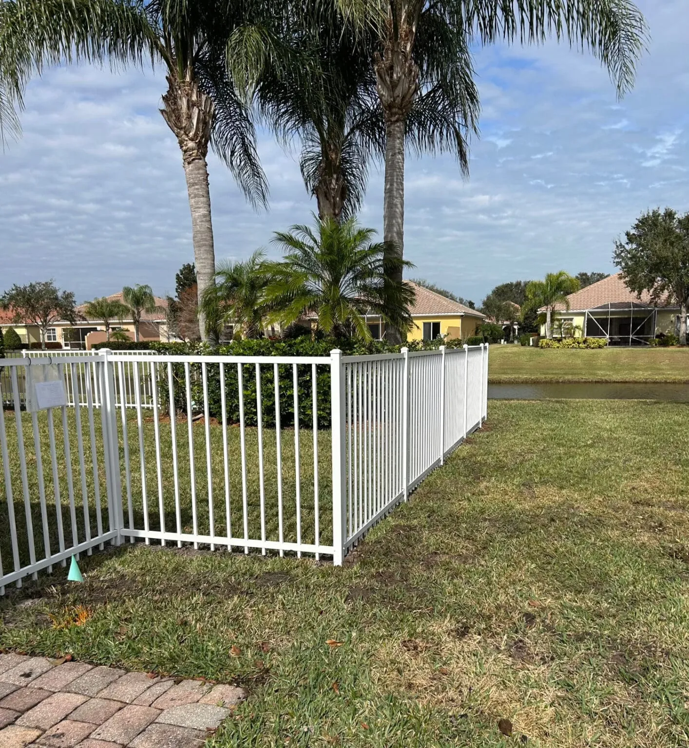 House with fence, palm trees, and pond