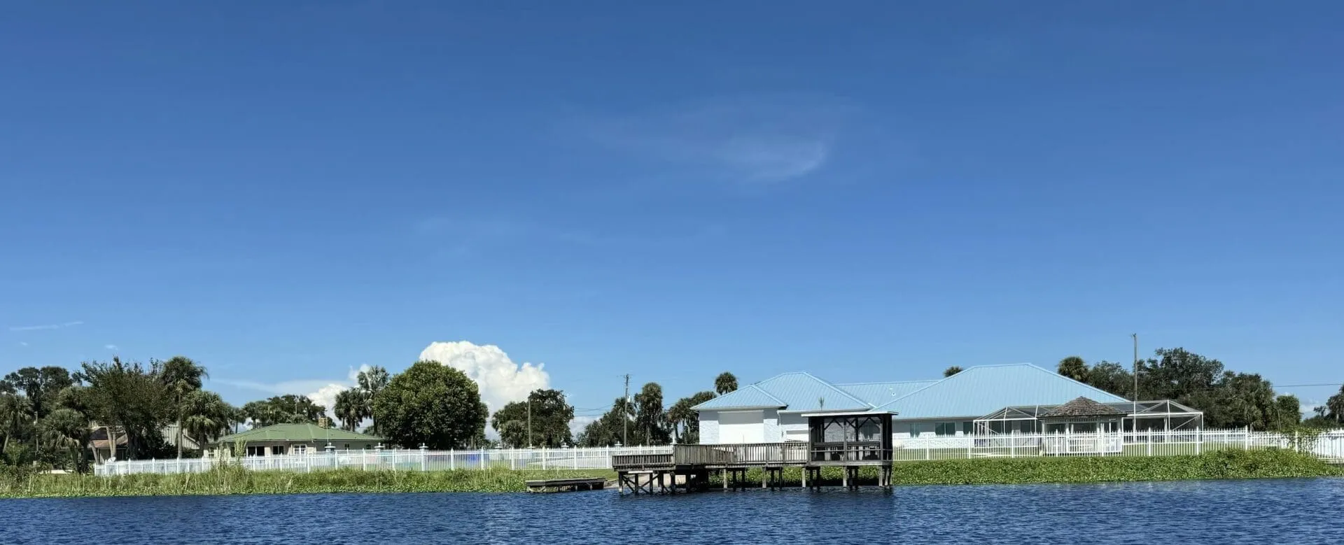 Waterfront houses with wooden dock